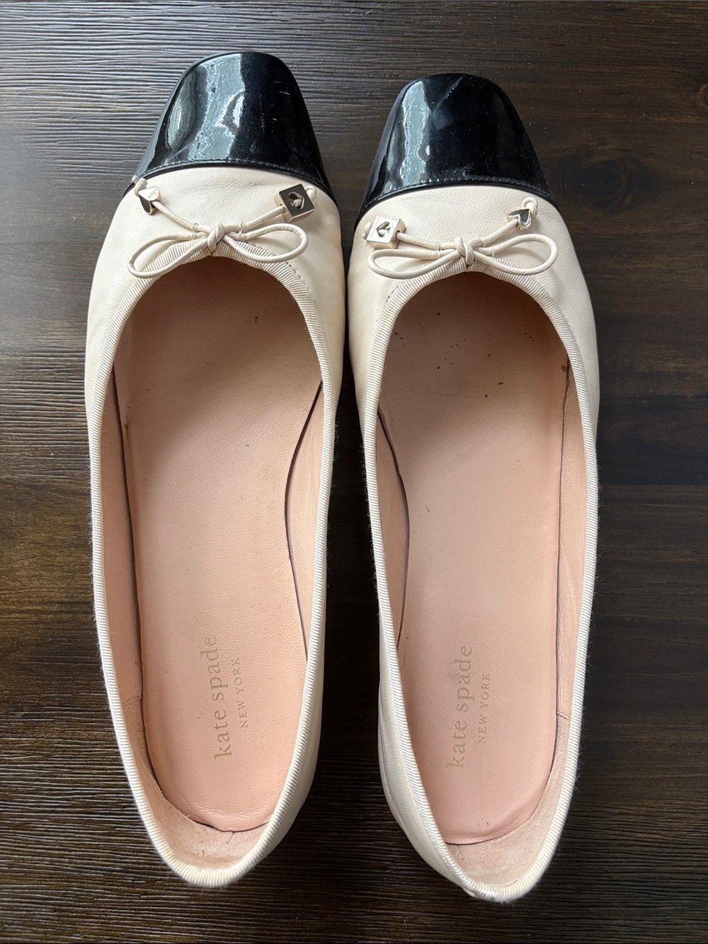 kate spade Two-Tone Ivory Flats with Black Patent Cap Toe